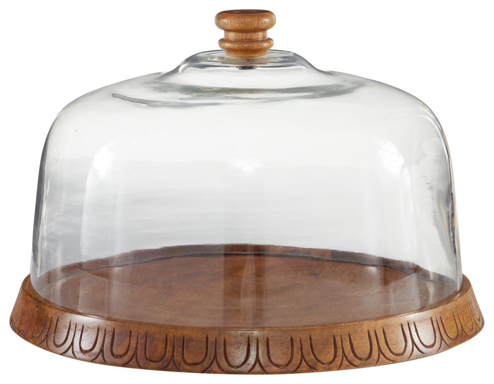 Wooden Cake Holder With Cover Dome Glass Cloche, 13"Diameter, Brown Dessert And Cake Stands
