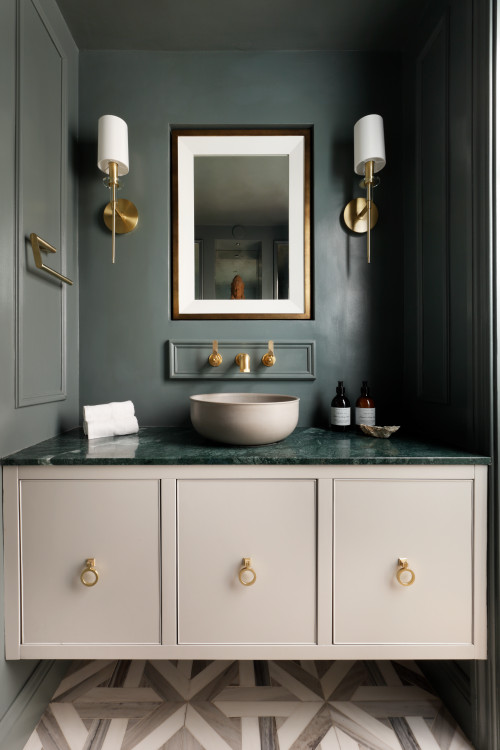 Transitional Bathroom with Floating Vessel Sink Vanity and Green Marble Countertop