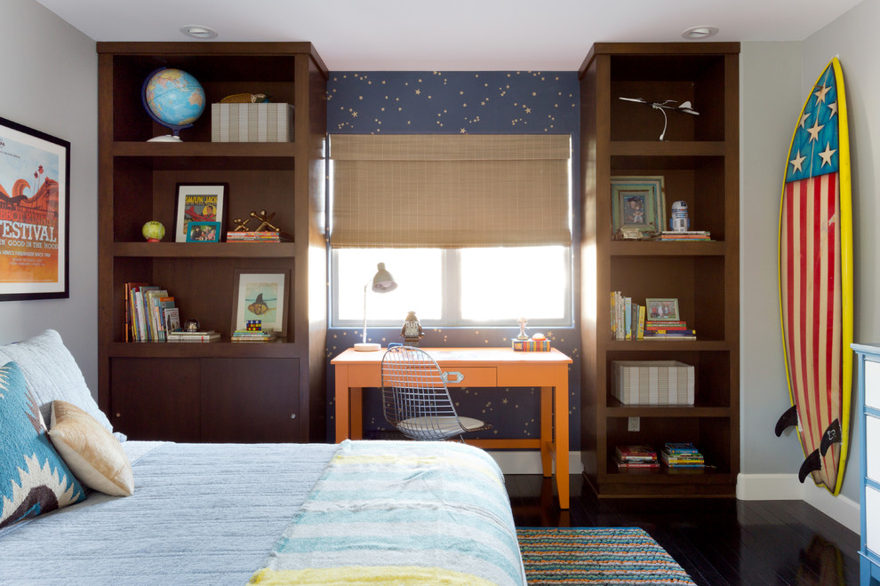 Inspiration for a mid-sized transitional kids' room for boys in Los Angeles with grey walls and dark hardwood floors.
