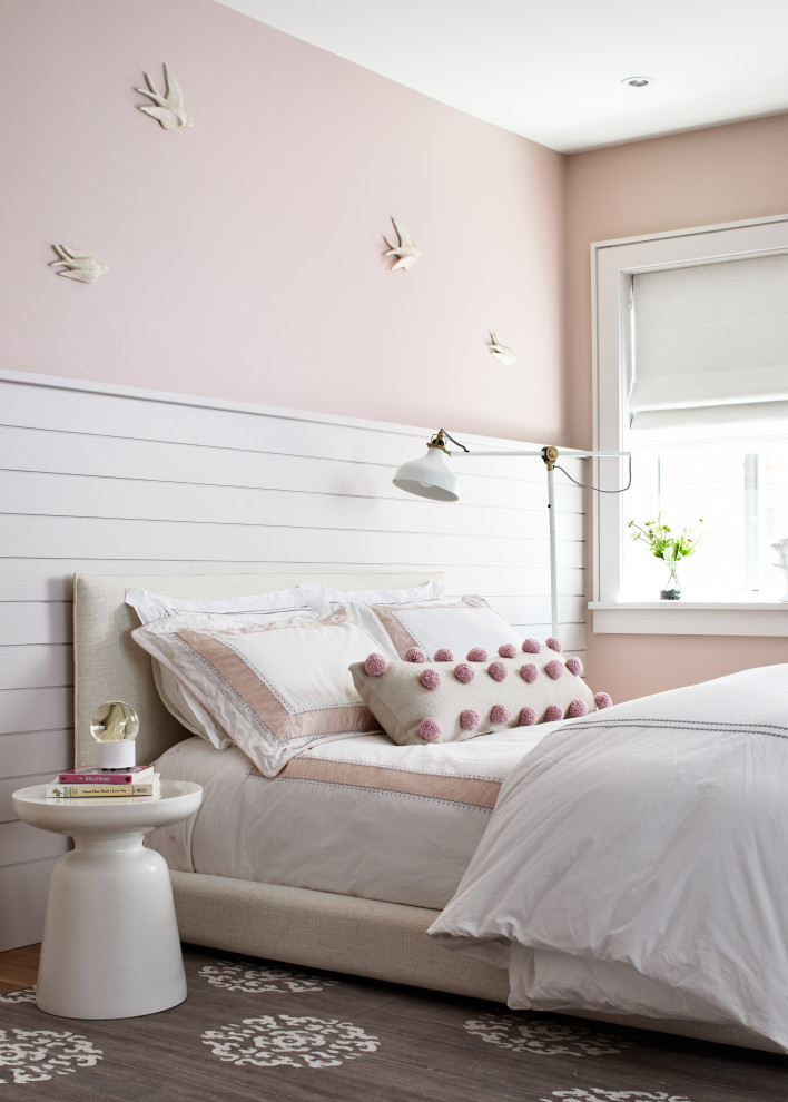 Heart of Hoboken Family Residence - Example of a bedroom and large transitional girl medium tone wood floor and brown floor kids' bedroom design in Los Angeles with pink walls