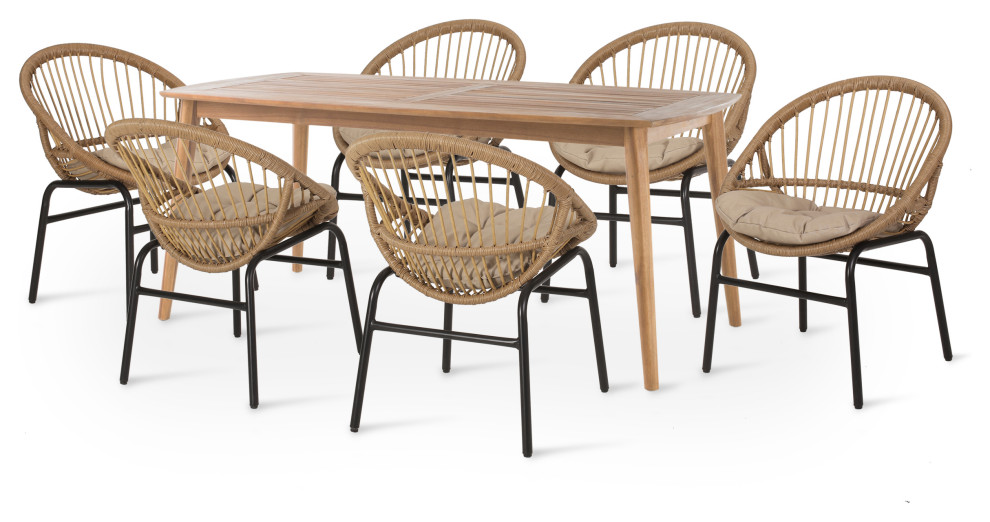 Waldron Outdoor Wicker and Acacia Wood 7 Piece Dining Set With Cushion