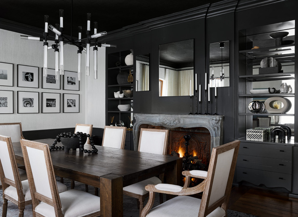 Design ideas for a large contemporary separate dining room in Chicago with grey walls, medium hardwood floors, a standard fireplace, a wood fireplace surround, wallpaper and wallpaper.