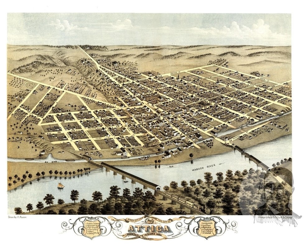 Old Map of Attica Indiana 1869, Vintage Map Art Print, 18"x24