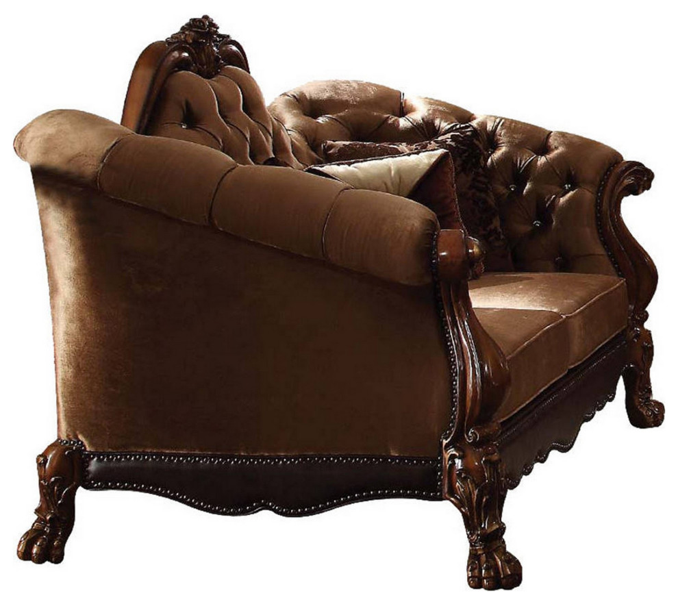 Fabric Upholstered Wooden Loveseat With Button Tufted Backrest, Cherry