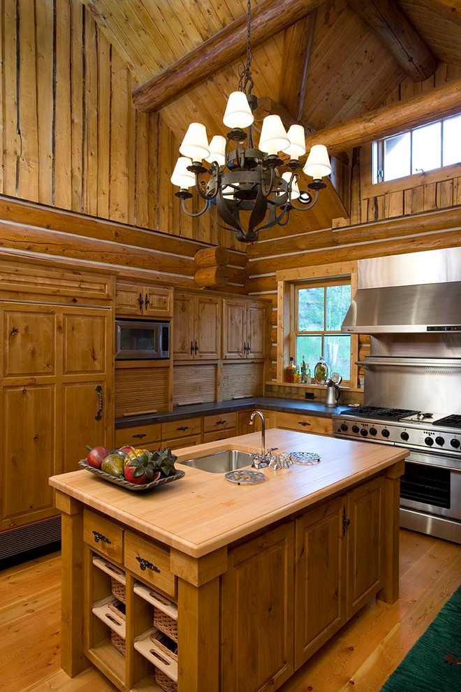 This is an example of a traditional kitchen in Other with wood benchtops.
