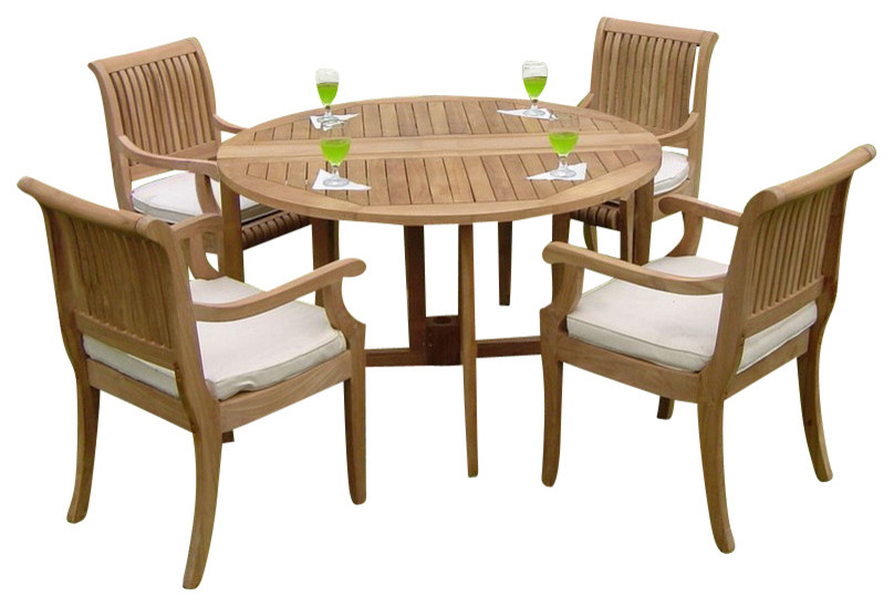 5-Piece Outdoor Teak Dining Set, 48" Round Butterfly Table, 4 Giva Arm Chairs
