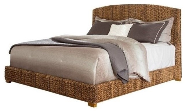 Bowery Hill Farmhouse Banana Leaf King Size Wood Panel Bed in Honey Brown