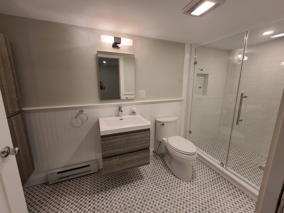 Modern Wall Mount Vanity Bathroom & Shower in Basement