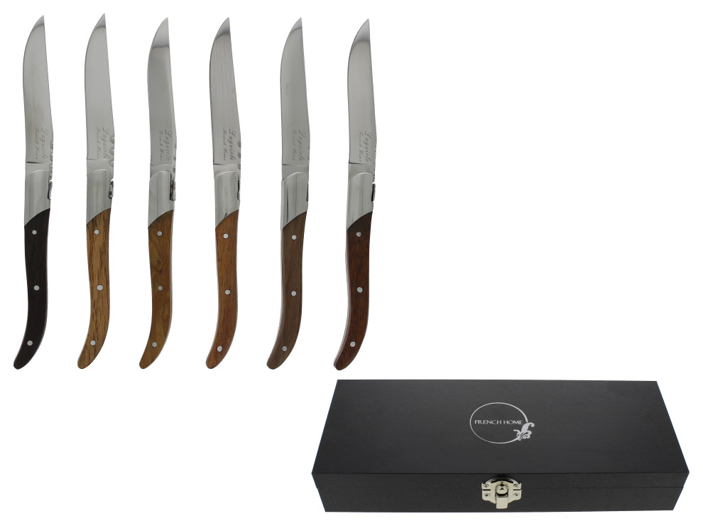 Laguiole Set of 6 Connoisseur Steak Knives Assorted Wood by French Home