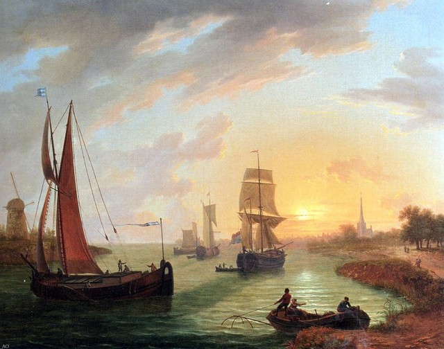 Frans Swager An Estuary With Various Shipping At Sunset Print