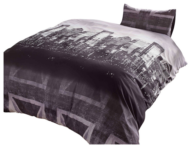Duvet Cover With Pillowcase Bedding Set Skyline Union Jack Charcoal, Single