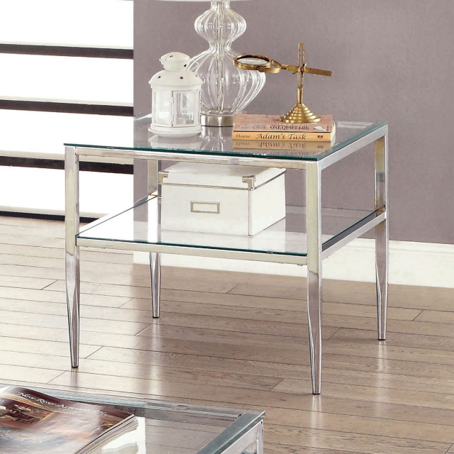 Glass Top Square End Table With Open Shelf And Chrome Frame, Silver