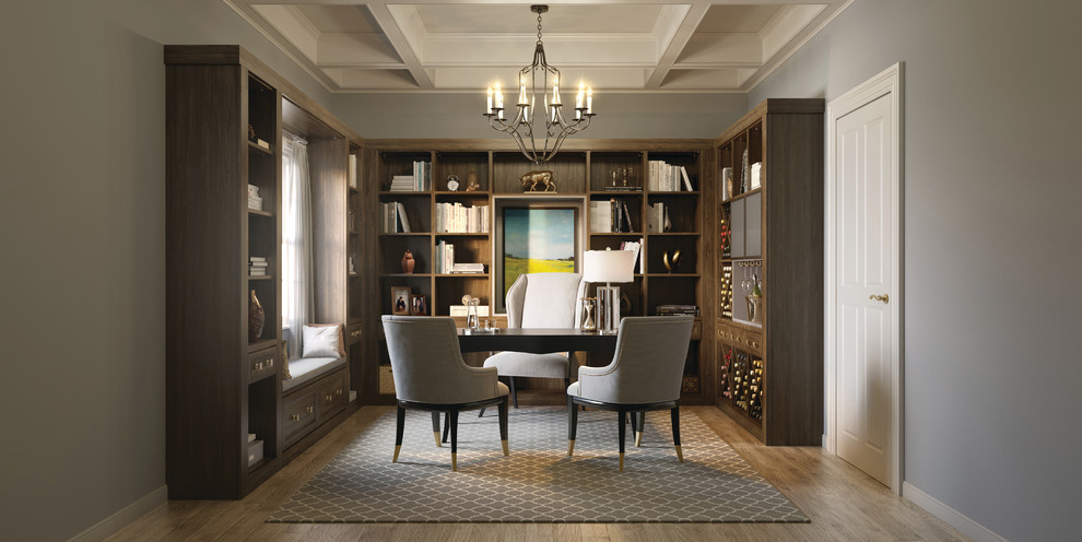 Design ideas for a mid-sized traditional study room in Nashville with grey walls, medium hardwood floors, no fireplace and a freestanding desk.