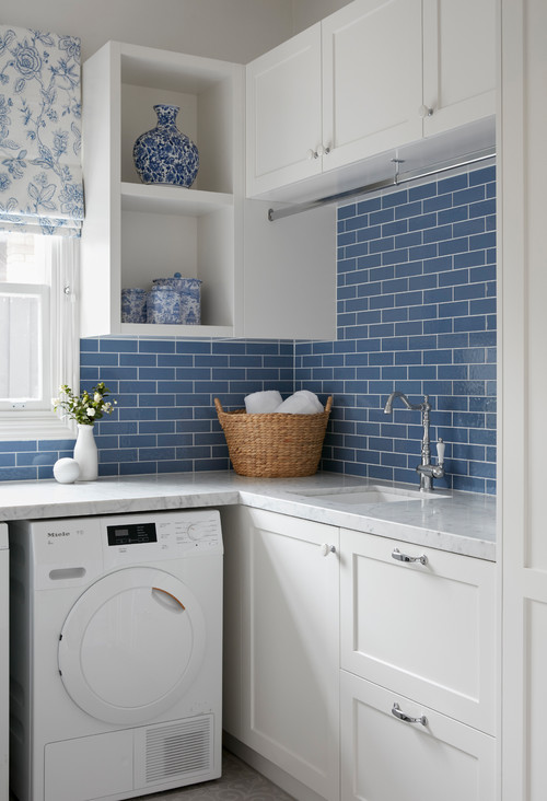 Blue Subway Tile Backsplash and White Marble for Small Laundry Room