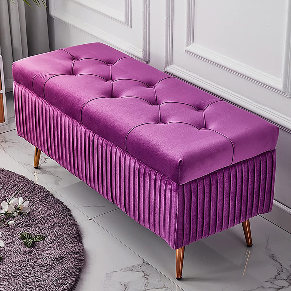 Premium Decoration Furniture End of Bed Bench Storage Ottoman, Purple
