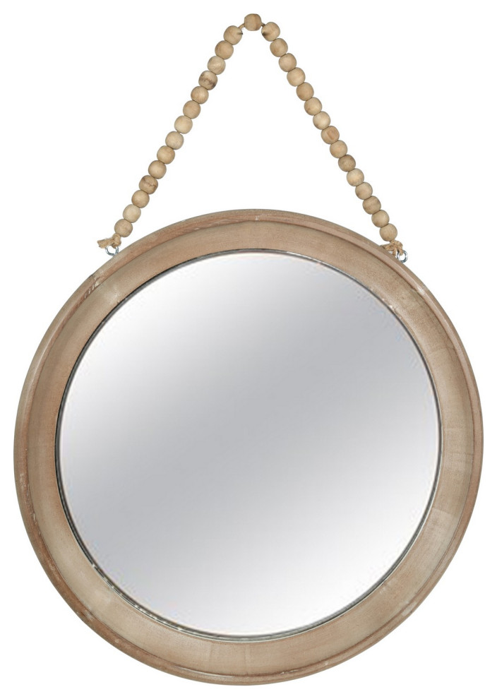 Round Wooden Top Wall Mirror with Beaded Hanger, Set of 2, Brown