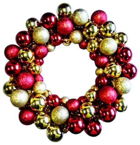 16" Gold And Red Ball Wreath With Battery Powered Pure White LEDs