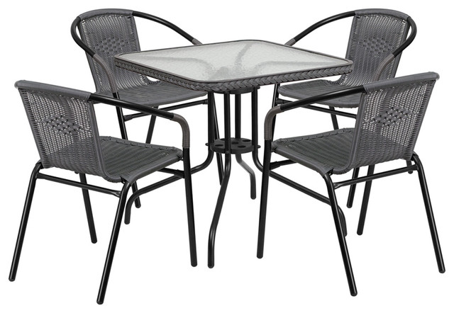 Glass Metal Table With Rattan Edging and 4 Stack Chairs, Gray, 28" Square