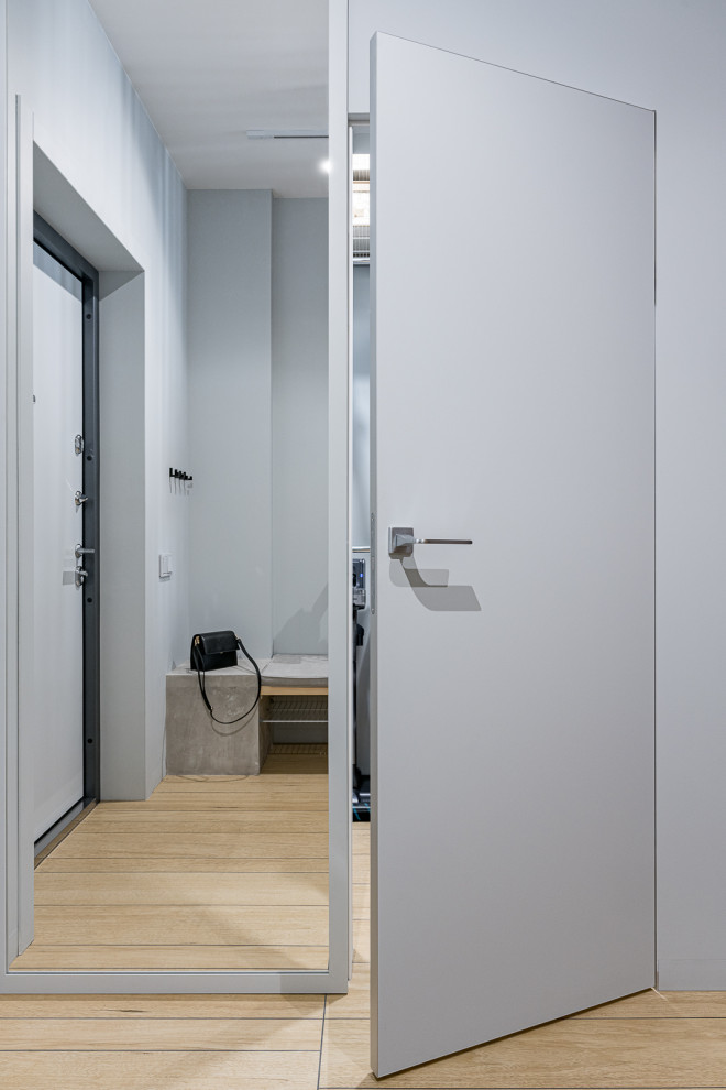 Idéer för att renovera en mellanstor funkis ingång och ytterdörr, med grå väggar, klinkergolv i porslin, en enkeldörr, en grå dörr och beiget golv
