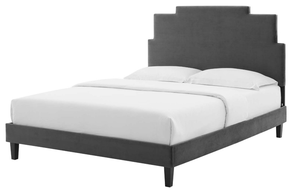 Platform Bed Frame, King Size, Velvet, Dark Gray, Modern Contemporary