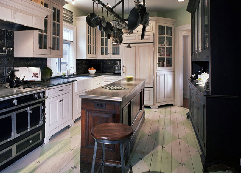 Photo of a traditional kitchen in Chicago with a farmhouse sink, with island, painted wood floors and distressed cabinets.
