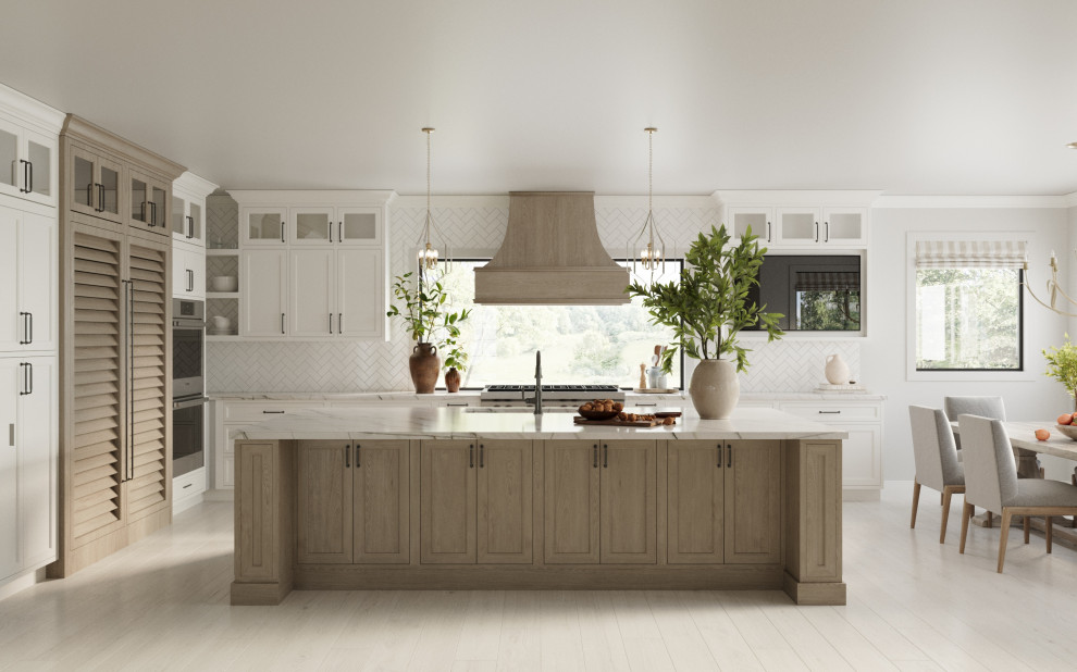 Design ideas for a large country l-shaped open plan kitchen in Denver with an undermount sink, beaded inset cabinets, light wood cabinets, quartz benchtops, white splashback, subway tile splashback, stainless steel appliances, light hardwood floors, with island, beige floor, white benchtop and exposed beam.