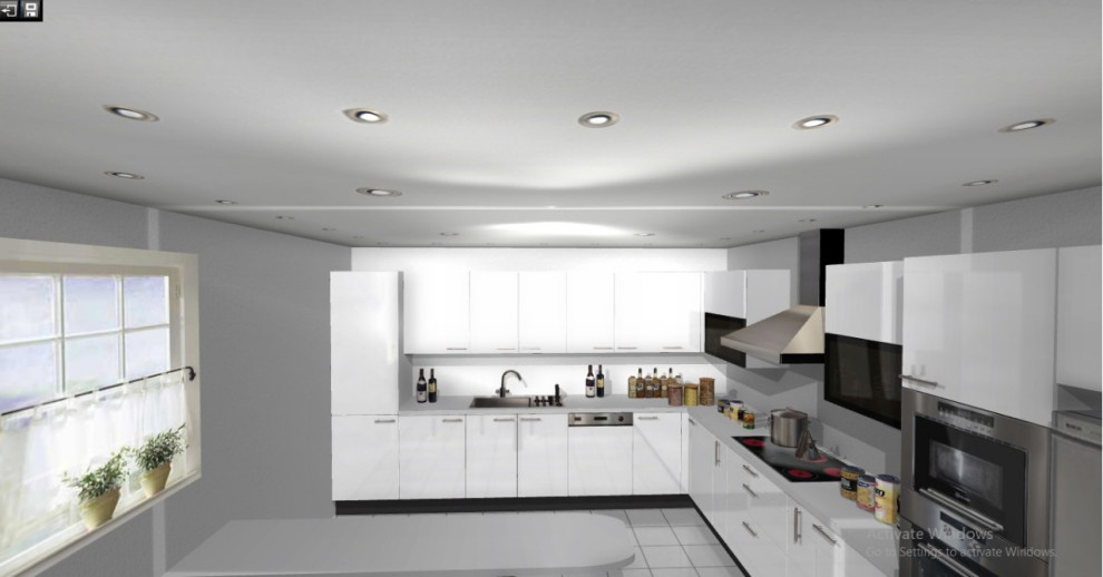 This is an example of a mid-sized modern l-shaped eat-in kitchen in Other with a single-bowl sink, flat-panel cabinets, white cabinets, solid surface benchtops, white splashback, stone tile splashback, stainless steel appliances, ceramic floors, with island, white floor, white benchtop and vaulted.