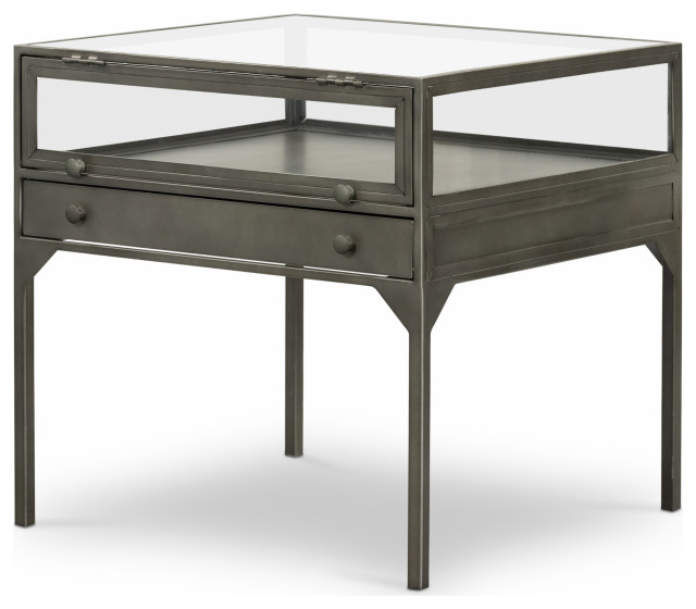 Shadow Box End Table, Gunmetal Industrial Side Tables And End