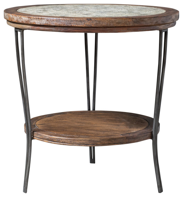 Rustic Industrial Wood Metal Accent Table, Round Shelf Gray Cottage