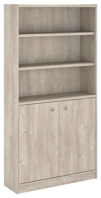 Bush Furniture Universal 5 Shelf Bookcase With Doors, Washed Gray