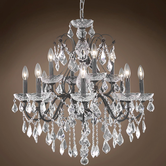 Heritage 12 Light 28" Deep Iron Chandelier With Clear Asfour Crystals