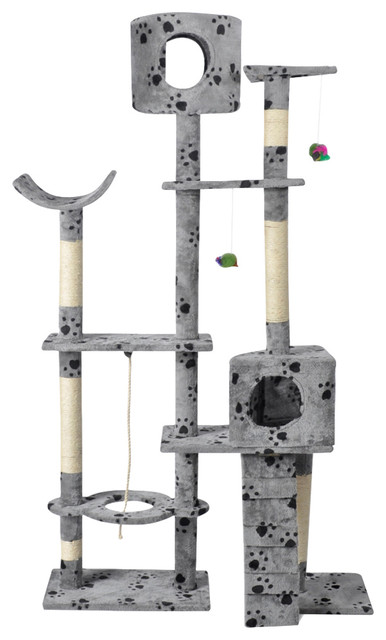 Cat Tree Scratching Post 69" 2 Condos Gray w/ Paw Prints Tower Kitty Play Gym