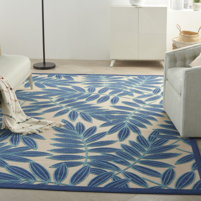 7' X 10' Blue And Ivory Floral Stain Resistant Indoor Outdoor Area Rug ...