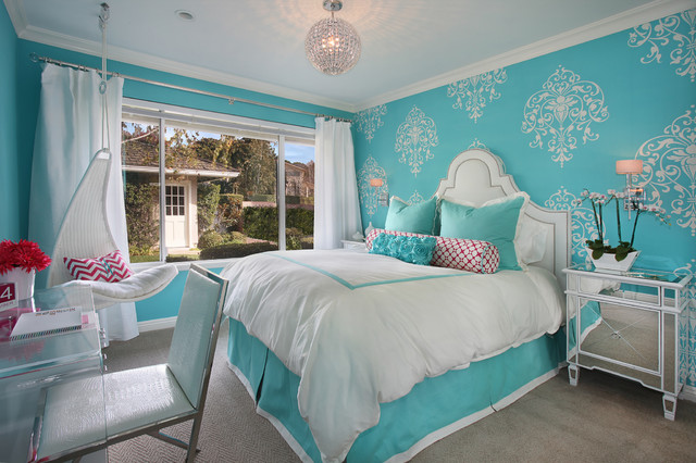 Tiffany Blue Girl s Room Transitional Bedroom Orange 