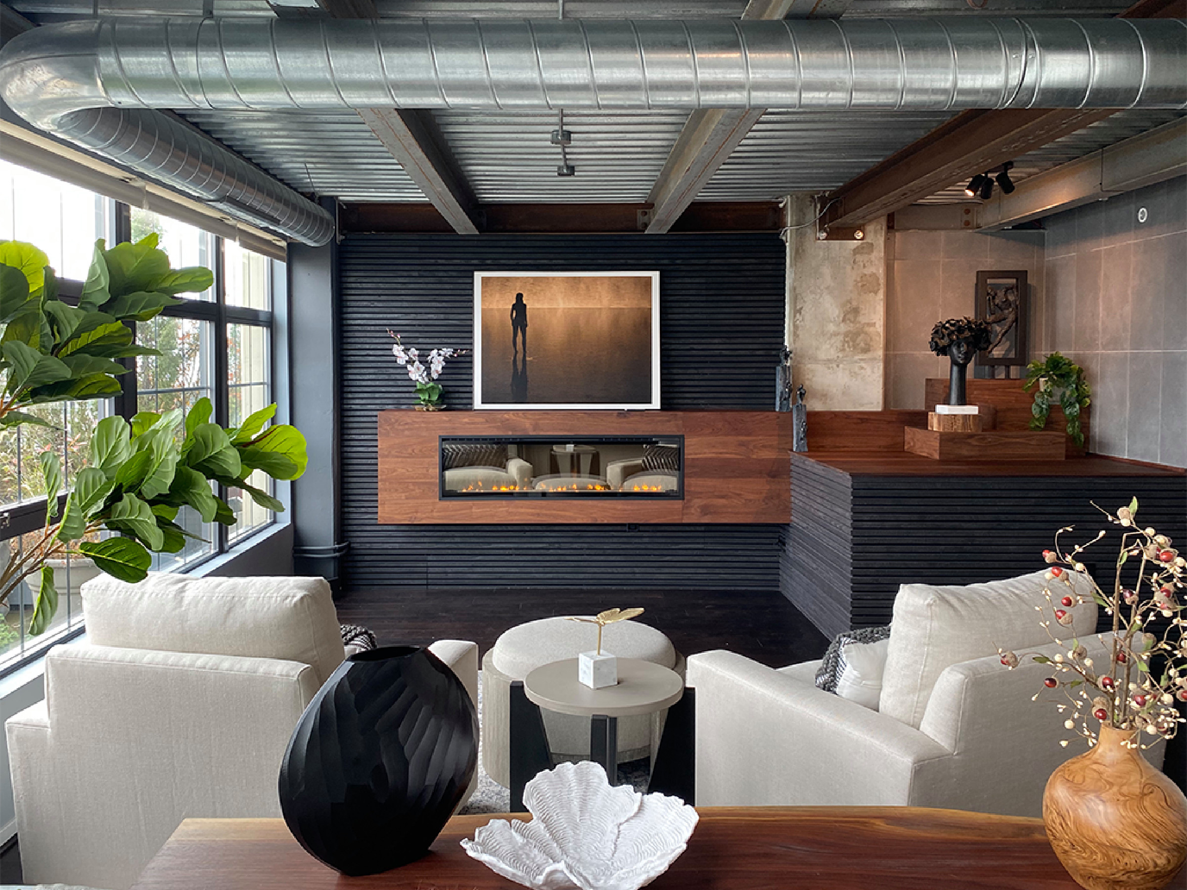 Organic Contemporary Design in an Industrial Setting… Organic Contemporary elements in an industrial building is a natural fit. Turner Design Firm designers Tessea McCrary and Jeanine Turner created a