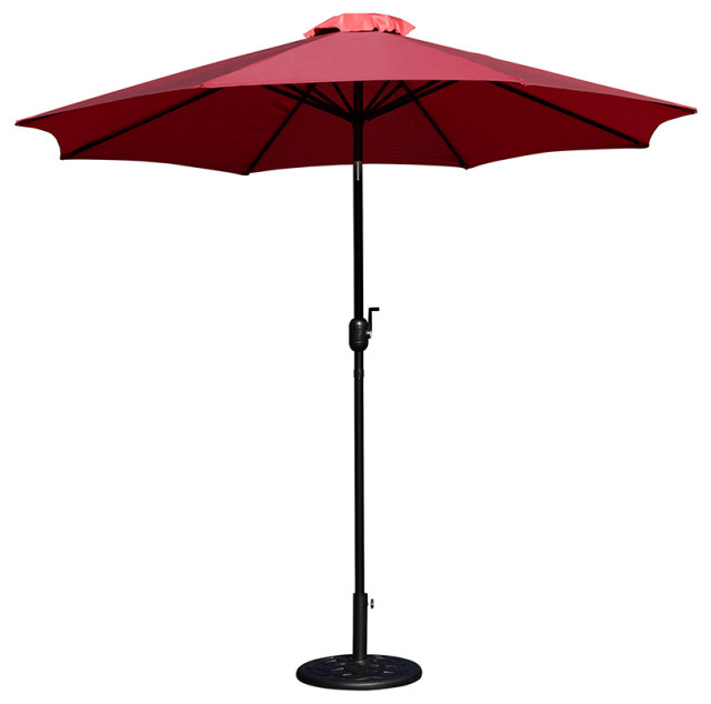 Kona 9 FT Round Umbrella w/Crank and Tilt Function & Standing Umbrella Base, Red