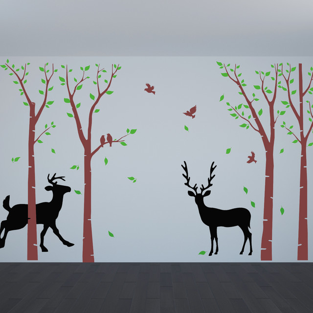 Birch Tree Wall Decals Flying Birds Deer Art Nature Decal Living Room Mediterranean Other By Jwhe Houzz Ie - Wall Painting Nature Design