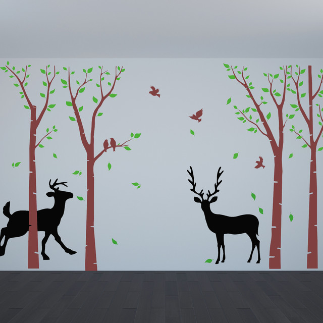 Birch Tree Wall Decals Flying Birds Deer Art Nature Decal Birch Tree Wall Decals Flying Birds Deer Art Nature Decal Living Room Mediterranean