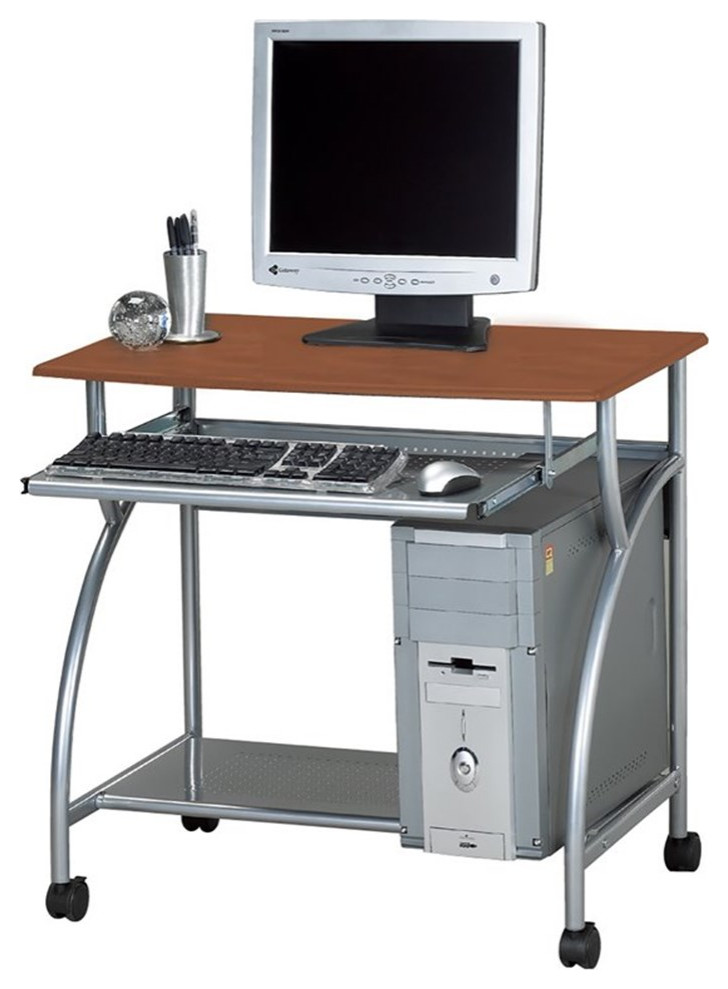 Pemberly Row Contemporary Mobile Metal Computer Cart in Medium Cherry