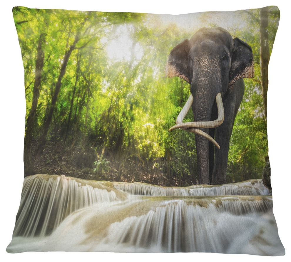 Erawan Waterfall With Elephant Photography Throw Pillow Contemporary Decorative Pillows By Design Art Usa