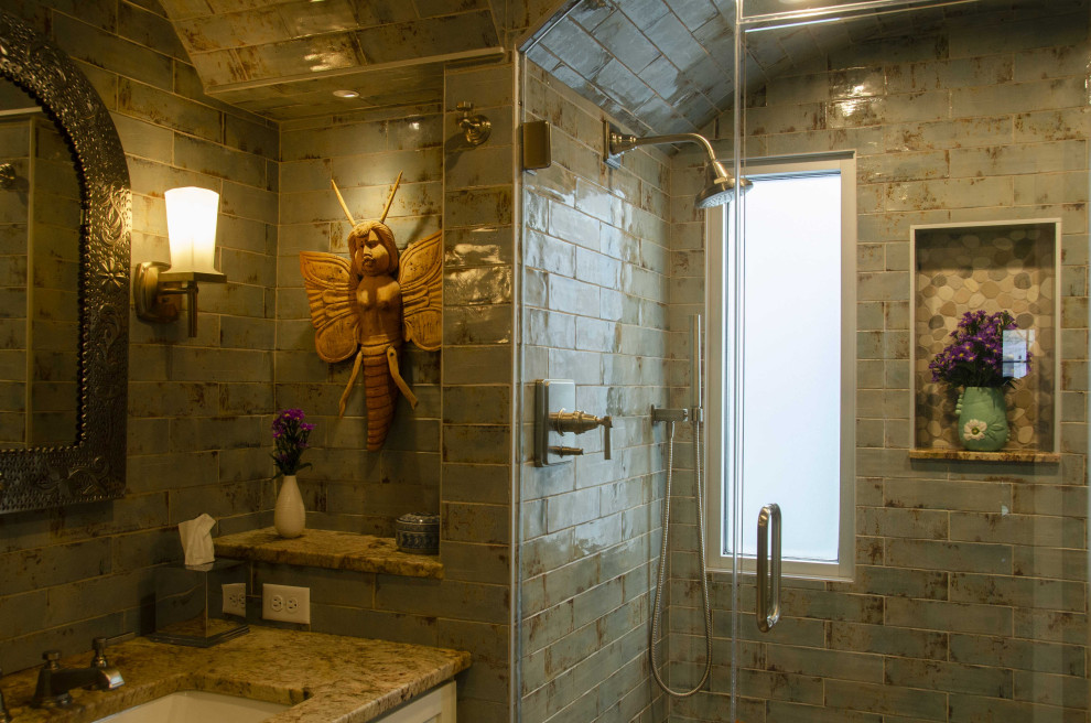 Photo of a mid-sized arts and crafts master bathroom in Minneapolis with flat-panel cabinets, white cabinets, an open shower, a one-piece toilet, green tile, ceramic tile, green walls, ceramic floors, an undermount sink, granite benchtops, green floor, a hinged shower door, green benchtops, a single vanity and a built-in vanity.