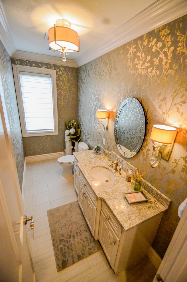 Design ideas for a mid-sized transitional powder room in Other with shaker cabinets, beige cabinets, a two-piece toilet, beige walls, an undermount sink and granite benchtops.