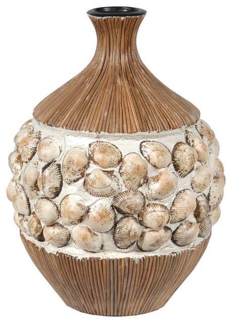 16" Ceramic Vase With Clam Shell Accents - Beach Style - Vases - by Zeckos