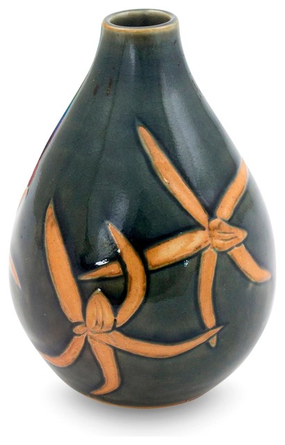 Novica Dragonfly Orchids Celadon Ceramic Vase - Transitional - Vases ...