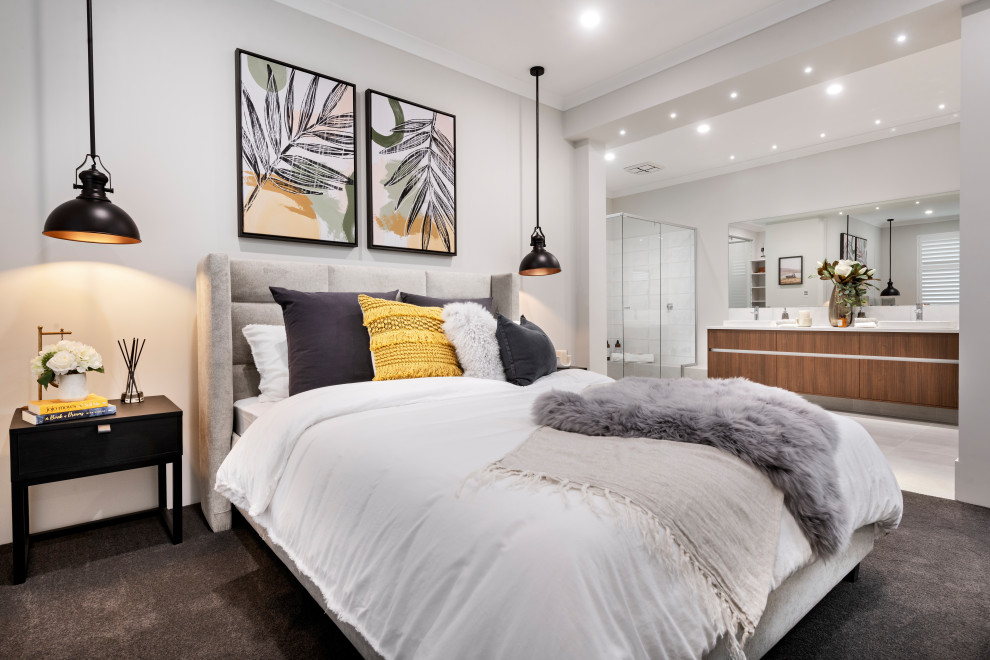 Design ideas for a large contemporary master bedroom in Perth with grey walls, carpet and grey floor.