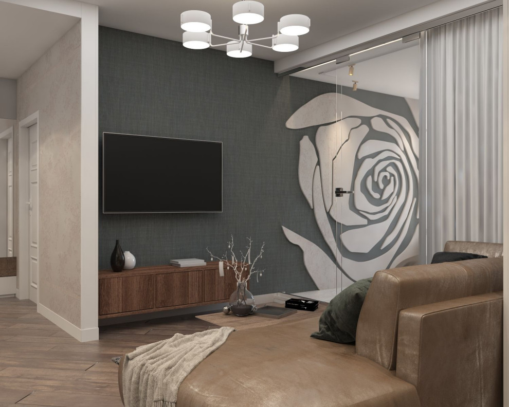 Двухкомнатная квартира со стеклом между гостиной и спальней