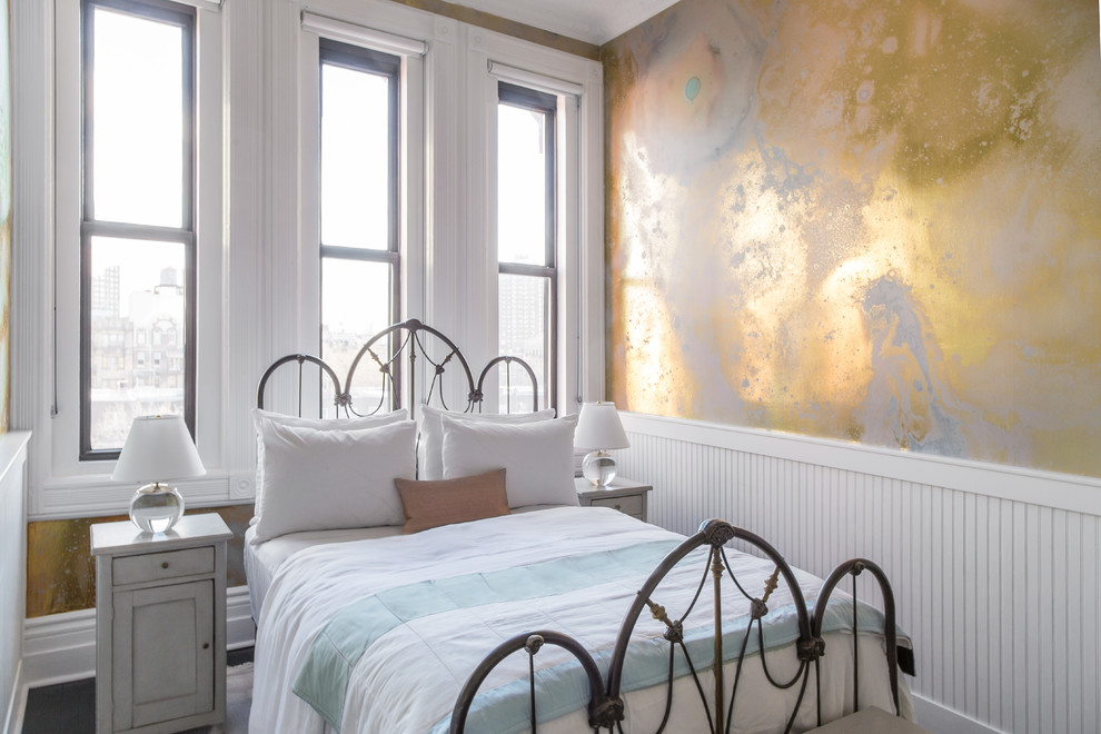 Design ideas for a traditional bedroom in New York with multi-coloured walls.