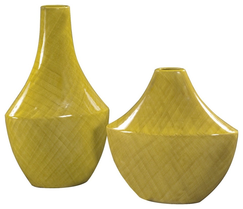 Howard Elliott Chartreuse Green Glaze With Detail Ceramic Vases, Set of 2