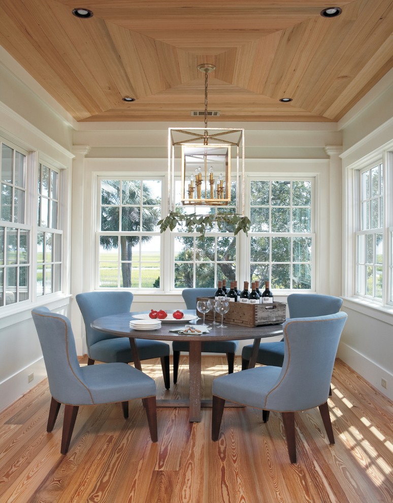 Inspiration for a beach style dining room in Atlanta with medium hardwood floors.