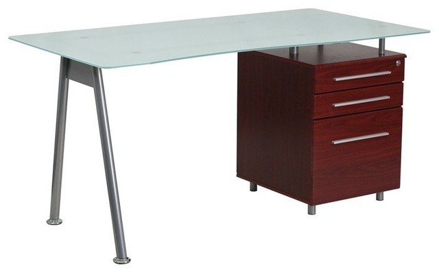 Glass Computer Desk With Mahogany Three Drawer Pedestal Glass Computer Desk With Mahogany Three